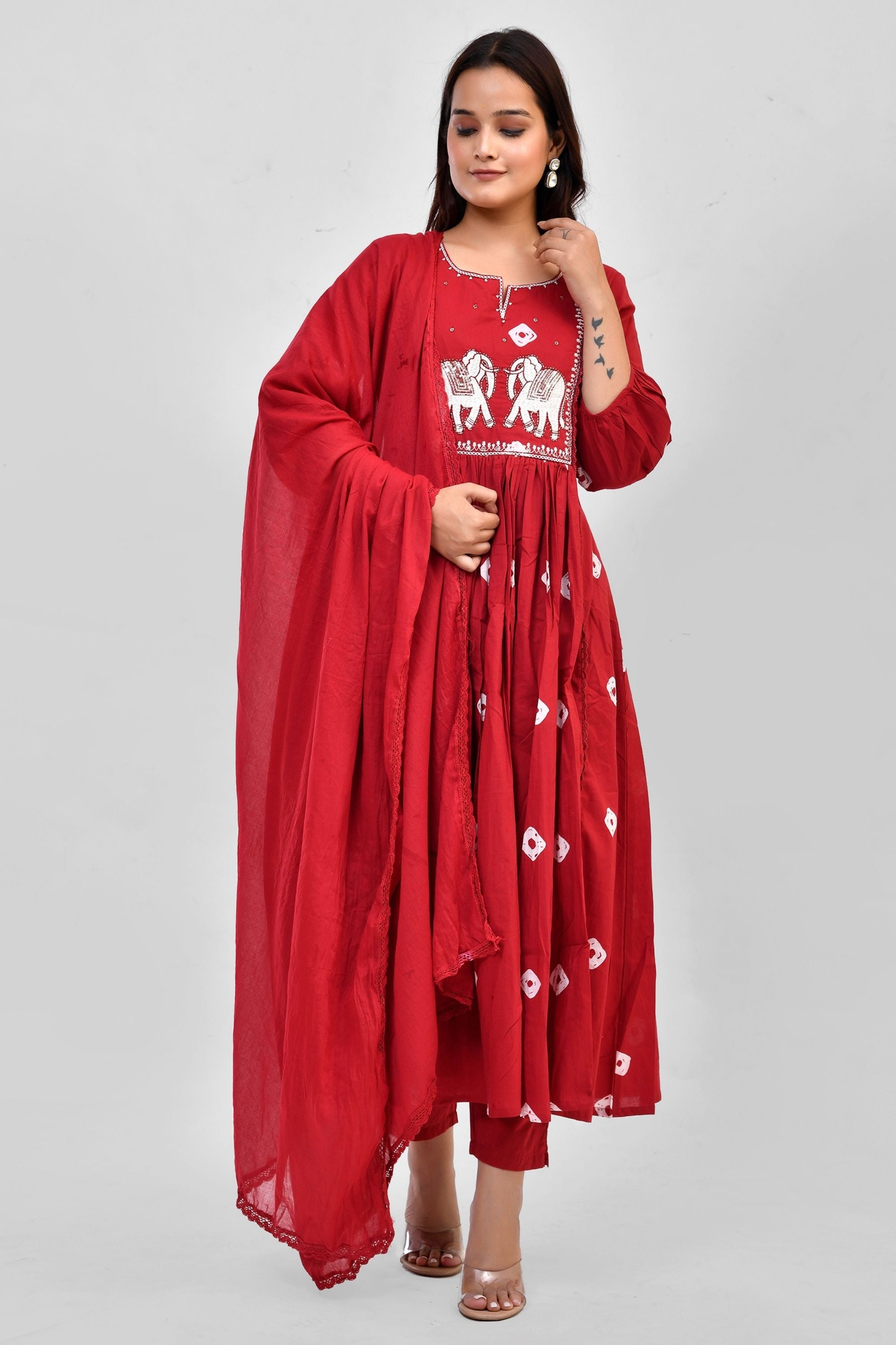 A-line kurti with pant & Dupatta Set