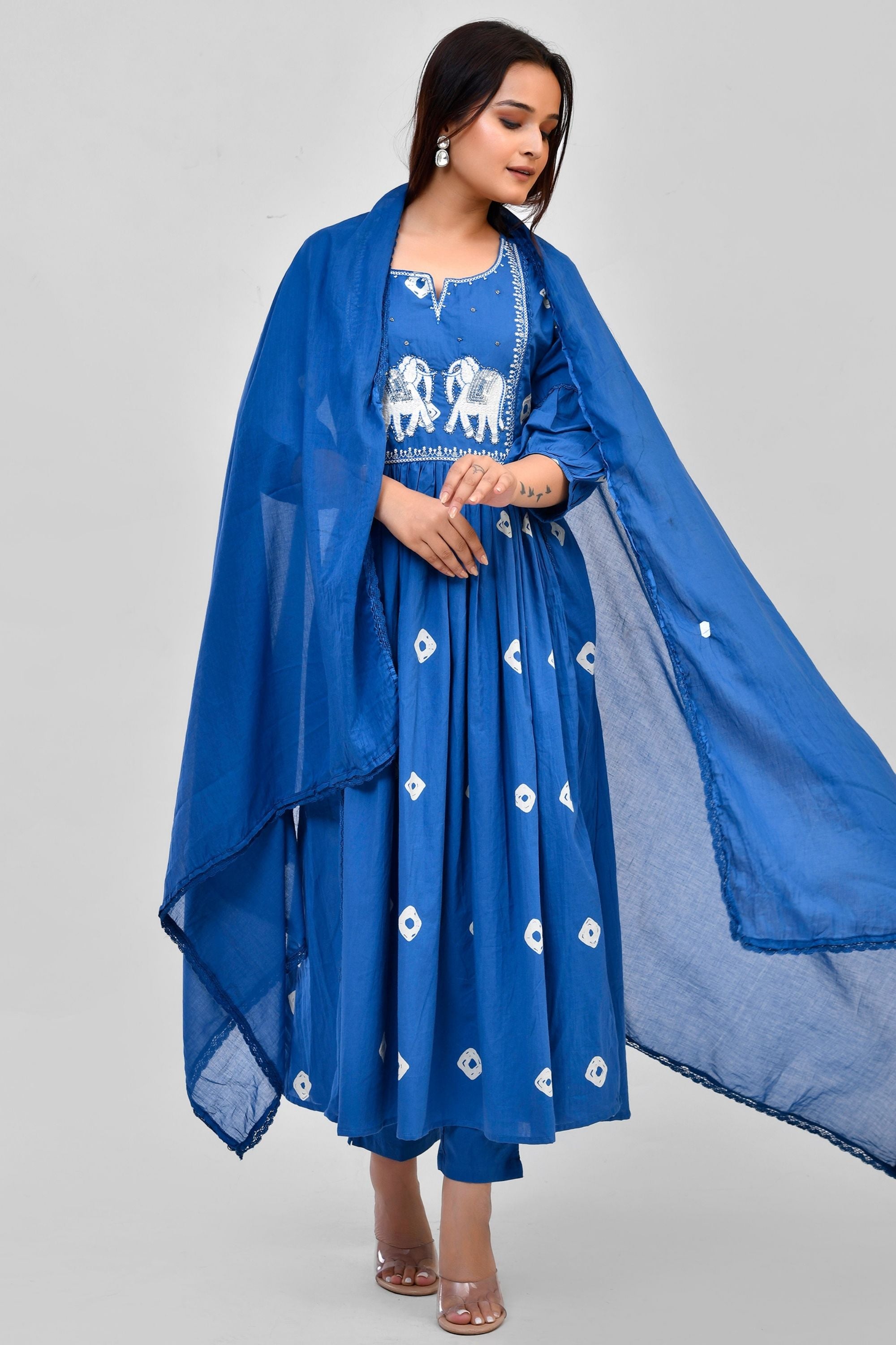 A-line kurti with pant & Dupatta Set